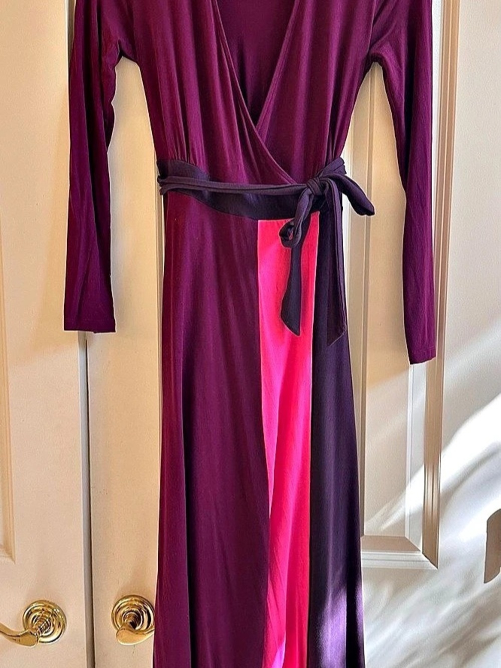 Boden Jersey Wrap Long Sleeve Maxi Dress in Plum Purple & Pink